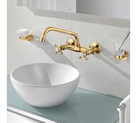 XJTNLB Grifo de Lavabo Dorado Rustico Grifo Lavabo Pared Mezclador con Dos Mandos Giratorio 360 Grados Griferia Baño Vintage-A