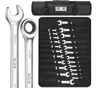 XJX Juego de llaves combinadas de carraca de 24 piezas, SAE y métricas, 12 puntos, 1/4 a 7/8 pulgadas y 8 - 19 mm, acero CR-V, juego de llaves de carraca con funda portátil