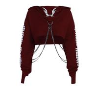 XKBHYD Gothic Punk Cool Girl Dragón Patrón T Camisetas Manga Larga Tirantes Mujeres Camiseta Cuello Redondo Negro Crop Top Otoño Suéter, B Borgoña, XXL