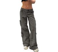 XKBHYD Pantalones Vaqueros Anchos Cargo para mujer Y2k holgados de pierna ancha, pantalones vaqueros de cintura baja, múltiples bolsillos, gris, M