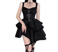 XKBHYD Vestido plisado para mujer, estilo gótico, cintura imperio, mini vestido de doble capa, cintura alta, con cordones, plisado, cruzado, Negro , S