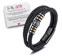 XKNTETU Pulsera de cuero trenzado con texto en inglés «To My Son I Will Always Be With You» para hombre, doble fila, cierre magnético, pulseras personalizadas de cuerda de cuero para hombre (2