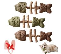 XKrmp 3-Pack Natural Fishbone Cat Dental Toys with Silicone Finger Toothbrush - Silvervine & Catnip Chew Sticks for Teeth Cleaning - Durable Wood Teething Toy for Kittens (3 Mixed)