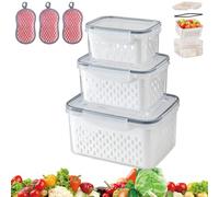 XKrmp 4 in 1 Produce Saver Food Storage Containers for Fridge, Keep Fruit & Veggies Crisp Longer, Stackable Fridge Organizer Bins with Airtight Lids & Removable Colander (Gray-3Pcs)
