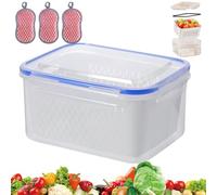 XKrmp 4 in 1 Produce Saver Food Storage Containers for Fridge, Keep Fruit & Veggies Crisp Longer, Stackable Fridge Organizer Bins with Airtight Lids & Removable Colander (Blue-L)