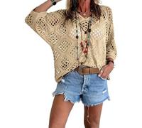 XKrmp Bohemian Crochet Tops for Women V-Neck Beach Cover Up, Snag-Resistant Open Knit Sweaters, Lightweight Vacation Resort Wear (Khaki,3XL)