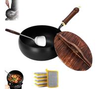 XKrmp Cast Iron Skillet - Japanese Uncoated Pure Iron Skillet for Multi-Purpose Frying Wok cooking, Hand-Forged Non-Stick Pans , for Daily Use (Wooden Cover,10.23 In)