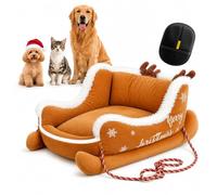 XKrmp Christmas Santa Sleigh Dog Bed with Grooming Glove, Plush Pet Sofa (Brown,M 65 * 52 * 30CM)