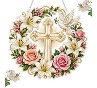 XKrmp Cross Diamond Art Suncatcher Mosaic Craft Kits for Adults, 10" Acrylic Flowers & Peace Dove Diamond Art Hanging Ornament Kit, 5D Special Shape Rhinestone Christian Window Decor with Chain