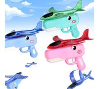 XKrmp Dinosaur Foam Glider Airplane Launcher Toy,8" Mechanical Catapult Gun Aircraft, Crash-Resistant EPP Plane with 33-59ft Long Flight Distance & Dual Mode, Outdoor Active Play Birthday Gift (3Pcs)