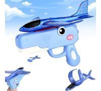XKrmp Dinosaur Foam Glider Airplane Launcher Toy,8" Mechanical Catapult Gun Aircraft, Crash-Resistant EPP Plane with 33-59ft Long Flight Distance & Dual Mode, Outdoor Active Play Birthday Gift (Blue)
