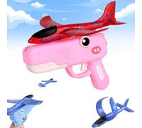 XKrmp Dinosaur Foam Glider Airplane Launcher Toy,8" Mechanical Catapult Gun Aircraft, Crash-Resistant EPP Plane with 33-59ft Long Flight Distance & Dual Mode, Outdoor Active Play Birthday Gift (Pink)