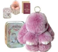 XKrmp Fluffy Bunny Keychain with Tin - Handmade Soft Pompom Rabbit Charms for Handbags & Backpacks - Shed-Resistant Plush Accessory with Secure Clasp, Gift Women & Girls (10cm) (B)