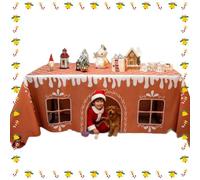 XKrmp Gingerbread Playhouse Tablecloth with Open Back Table Tent and Playful Cut-out Windows, Reusable Large Table Cover for Christmas Gingerbread Playhouse Celebrations (S)