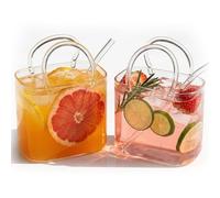 XKrmp Glass Purse for Drinks with Glass Straw, 26oz Handbag Shaped Drinking Glasses for Cocktails & Juice, Unique Wine Glass & Fish Bowl Vase Gift for Women, Borosilicate Clear Cup (2PCS)