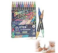 XKrmp Glitter Brush Markers for Drawing - Non Bleed Metallic Marker Pens, 1-5mm Soft Tip & Fine Point Double Tip Art Markers for Adult Coloring, Journaling, Kids Classroom & Cards (24)