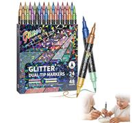 XKrmp Glitter Brush Markers for Drawing - Non Bleed Metallic Marker Pens, 1-5mm Soft Tip & Fine Point Double Tip Art Markers for Adult Coloring, Journaling, Kids Classroom & Cards (48)