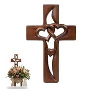 XKrmp Hand Carved Wooden Marriage Cross for Wall - Intertwined Hearts Cross Decor, Vintage Rustic Wood Wall Art, Religious Christian for Wedding, Anniversary, Valentine's Day,Living Room Hanging (A)