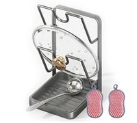 XKrmp Heavy Duty Pot Lid Holder, Rust-Resistant Carbon Steel Pan Cover Rack with Drip Tray, Vertical Kitchen Organizer Stand for Lids and Spatulas on Counter (Gray,2-Layer)