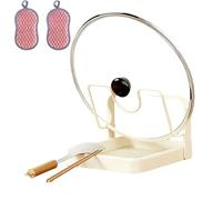 XKrmp Heavy Duty Pot Lid Holder, Rust-Resistant Carbon Steel Pan Cover Rack with Drip Tray, Vertical Kitchen Organizer Stand for Lids and Spatulas on Counter (Beige,1-Layer)