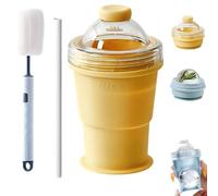 XKrmp Portable Silicone Cup with Straw & Ice Mold - 2-in-1 Collapsible Travel Tumbler & 6cm Large Sphere Maker - Leak-Proof Reusable Drinkware w/Cleaning Brush for Iced Coffee, Camping & Gym (Yellow)