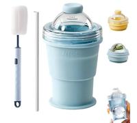 XKrmp Portable Silicone Cup with Straw & Ice Mold - 2-in-1 Collapsible Travel Tumbler & 6cm Large Sphere Maker - Leak-Proof Reusable Drinkware w/Cleaning Brush for Iced Coffee, Camping & Gym (Blue)