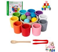 XKrmp Rainbow Balls in Cups Montessori Toys for Toddlers 1-3 - Color Sorting and Stacking Educational Game with Wooden Rainbow Balls for Preschool Learning (10 Cup & Balls)