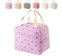 XKrmp Strawberry Tote Bag for Lunches - Reusable Lunch Bags with Shoulder Strap, Insulated, Leakproof, and Stylish Design for School, Work Commutes, or Outdoor Activities (Purple flowers)