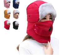XKrmp Thermal Hat with Detachable Breathing-Valve Mask, Heavy Duty Cold Weather Gear, Adjustable Fleece Pullover Cap for Men Women (Red)
