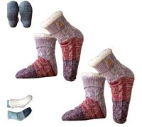 XKrmp Ultra-Thick Cashmere Slipper Home Socks, Tri-color Knit Non-Slip Winter Socks, Warm Fleece Lined Fuzzy Floor Socks for Women (Purple-2Pcs)