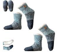XKrmp Ultra-Thick Cashmere Slipper Home Socks, Tri-color Knit Non-Slip Winter Socks, Warm Fleece Lined Fuzzy Floor Socks for Women (Blue-2Pcs)