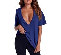 XKrmp Womens Deep V Neck Sexy Tops Summer Short Sleeve T Shirts Flattering Basic Tees Not See-Through Clothes for Going out (Navy Blue,S)