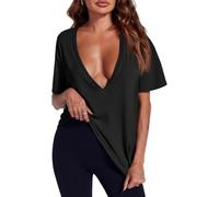 XKrmp Womens Deep V Neck Sexy Tops Summer Short Sleeve T Shirts Flattering Basic Tees Not See-Through Clothes for Going out (Black,M)