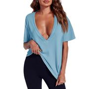 XKrmp Womens Deep V Neck Sexy Tops Summer Short Sleeve T Shirts Flattering Basic Tees Not See-Through Clothes for Going out (Sky Blue,M)