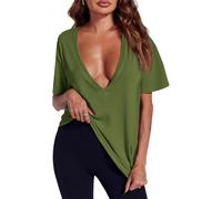 XKrmp Womens Deep V Neck Sexy Tops Summer Short Sleeve T Shirts Flattering Basic Tees Not See-Through Clothes for Going out (Green,L)