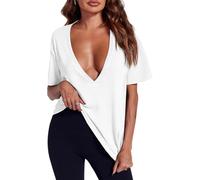 XKrmp Womens Deep V Neck Sexy Tops Summer Short Sleeve T Shirts Flattering Basic Tees Not See-Through Clothes for Going out (White,XL)