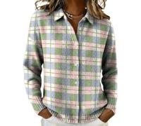 XKrmp Women's Plaid Cardigan Sweater Cotton Button Up Knit Top Casual Checkered Print Cropped Shirt Collar Winter Soft (E,XL)