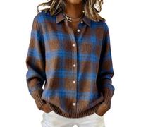 XKrmp Women's Plaid Cardigan Sweater Cotton Button Up Knit Top Casual Checkered Print Cropped Shirt Collar Winter Soft (K,M)