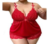 XKrmp Women's Plus Size Satin Pajama Set, Sexy Scratch-Free Floral Lace Cami & Shorts Sleepwear with Adjustable Straps (Wine Red,10XL)