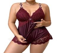 XKrmp Women's Plus Size Satin Pajama Set, Sexy Scratch-Free Floral Lace Cami & Shorts Sleepwear with Adjustable Straps (Maroon,XXL)