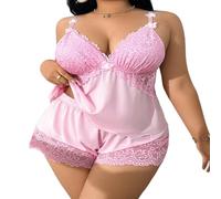 XKrmp Women's Plus Size Satin Pajama Set, Sexy Scratch-Free Floral Lace Cami & Shorts Sleepwear with Adjustable Straps (Pink,10XL)