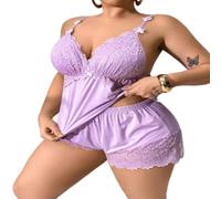 XKrmp Women's Plus Size Satin Pajama Set, Sexy Scratch-Free Floral Lace Cami & Shorts Sleepwear with Adjustable Straps (Violet,XL)