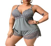XKrmp Women's Plus Size Satin Pajama Set, Sexy Scratch-Free Floral Lace Cami & Shorts Sleepwear with Adjustable Straps (Gray,10XL)