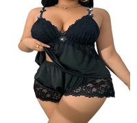 XKrmp Women's Plus Size Satin Pajama Set, Sexy Scratch-Free Floral Lace Cami & Shorts Sleepwear with Adjustable Straps (Black,4XL)