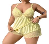 XKrmp Women's Plus Size Satin Pajama Set, Sexy Scratch-Free Floral Lace Cami & Shorts Sleepwear with Adjustable Straps (Yellow,XXL)