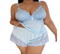 XKrmp Women's Plus Size Satin Pajama Set, Sexy Scratch-Free Floral Lace Cami & Shorts Sleepwear with Adjustable Straps (Light Blue,3XL)