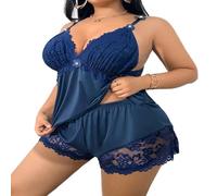 XKrmp Women's Plus Size Satin Pajama Set, Sexy Scratch-Free Floral Lace Cami & Shorts Sleepwear with Adjustable Straps (Navy Blue,10XL)