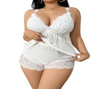 XKrmp Women's Plus Size Satin Pajama Set, Sexy Scratch-Free Floral Lace Cami & Shorts Sleepwear with Adjustable Straps (White,3XL)