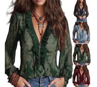 XKrmp Women's Vintage Half-Zip Ruffle Blouse, Non-Sheer Chiffon Long Sleeve V-Neck Top, Victorian Shirt (Green,S)