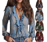 XKrmp Women's Vintage Half-Zip Ruffle Blouse, Non-Sheer Chiffon Long Sleeve V-Neck Top, Victorian Shirt (Sky Blue,3XL)